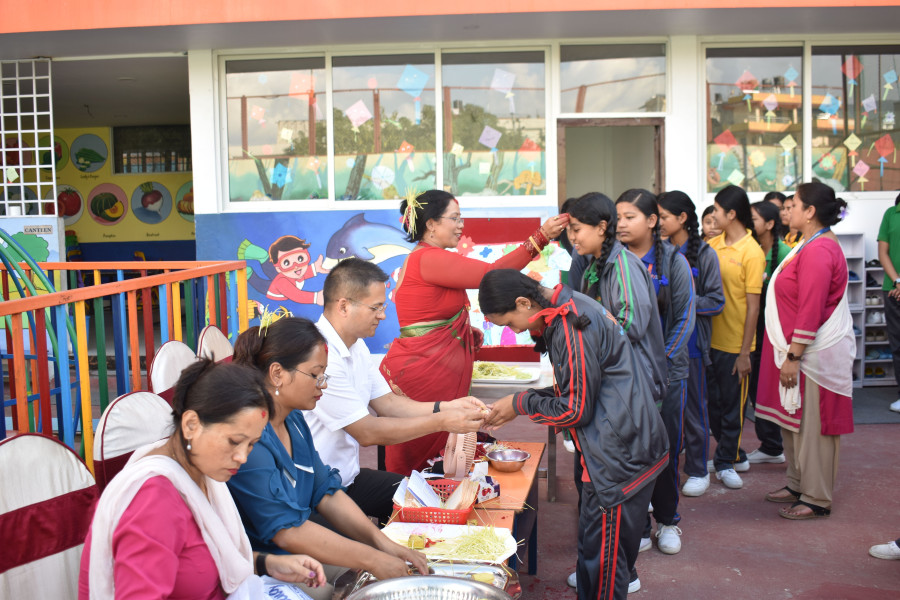 Students celebrating Dashain with traditional activities at school