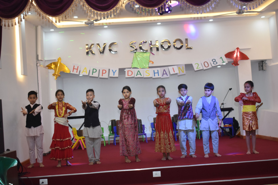 Students taking part in Dashain festival program in school