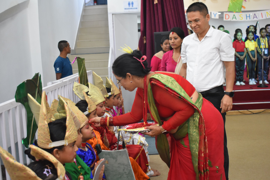 Students enjoying Dashain festival activities at school