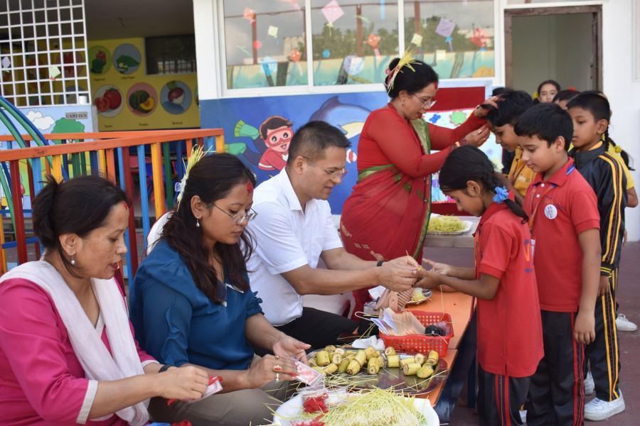 Students celebrating Dashain festival at school