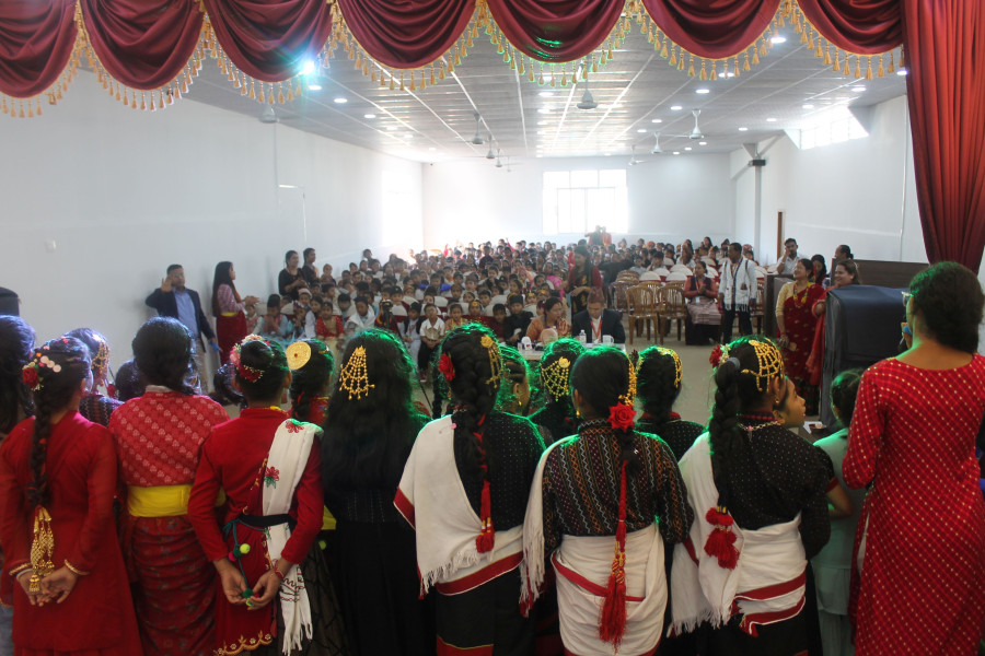 student are crowed with traditional dress on tihar celebration